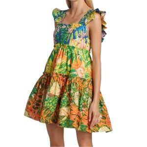 Farm Rio Caipirinha Tropical Tiered Cotton Mini Dress Size L Colorful Print